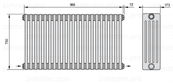 Схема (чертеж) Радиатор Zehnder Charleston 5075/21 №2670 Белый глянцевый RAL 9016